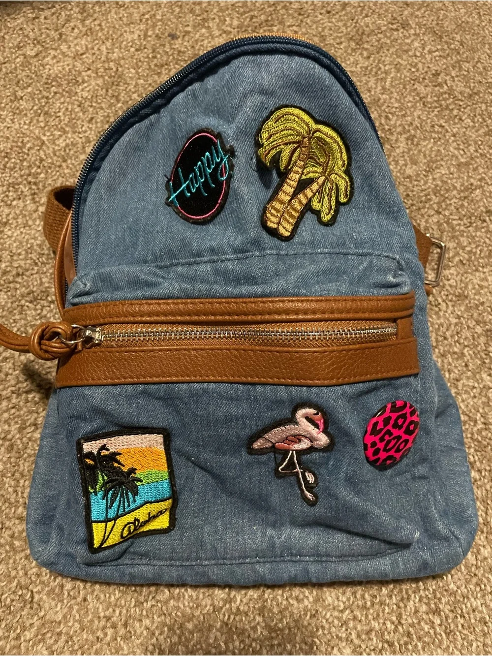 Kids Denim Patch Backpack with Fun Tropical Patches - Blue